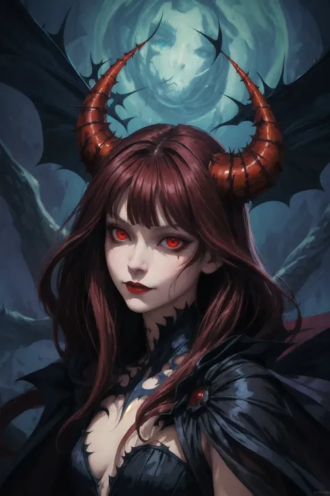 face portrait of 1 demon queen, solo, upper body, evil smile, smoky gothic makeups, small eyes, pale skin, , deep v dress, transparent silk cape, scales, black rough texture horns, glowing red eyes, thorns, blood
gothic, fantasy, abstract, muted color
dramatic lighting , hell scenery
best quality, masterpiece,
(modern digital art by Andre Derain and gerald brom)
<lora:add_detail:1>
