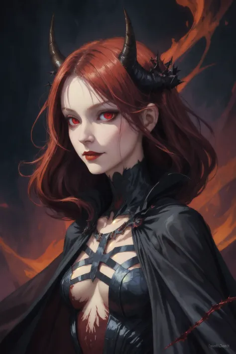 face portrait of 1 demon queen, solo, upper body, evil smile, smoky gothic makeups, small eyes, pale skin, , deep v dress, transparent silk cape, scales, black rough texture horns, glowing red eyes, thorns, blood
gothic, fantasy, abstract, muted color
dramatic lighting , hell scenery
best quality, masterpiece,
(modern digital art by Andre Derain and gerald brom)
<lora:add_detail:1>