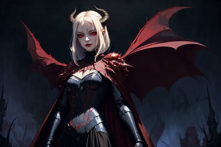 1 demon queen, solo, evil smile, smoky gothic makeups, small eyes, pale skin, obsidian armor, transparent silk cape, scales, black rough texture horns, glowing red eyes, thorns, blood, (from below) army of demons
gothic, fantasy, abstract, muted color
dramatic lighting ,
best quality, masterpiece,
(modern digital art by Andre Derain , gerald brom ,)
<lora:add_detail:1>