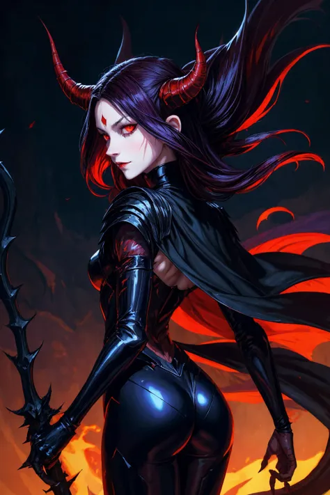 1 demon queen, solo, evil smile, smoky gothic makeups, small eyes, pale skin, obsidian armor, transparent silk cape, scales, black rough texture horns, glowing red eyes, thorns, blood,
(ass view) army of demons , tails
gothic, fantasy, abstract, muted color
dramatic lighting ,
best quality, masterpiece,
(modern digital art by Andre Derain , gerald brom ,)
<lora:add_detail:1>