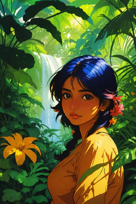 portrait of indian girl with multi color hair, in lush jungle with flowers, sunlight passing through foliage
(sketch by Franz Kline)