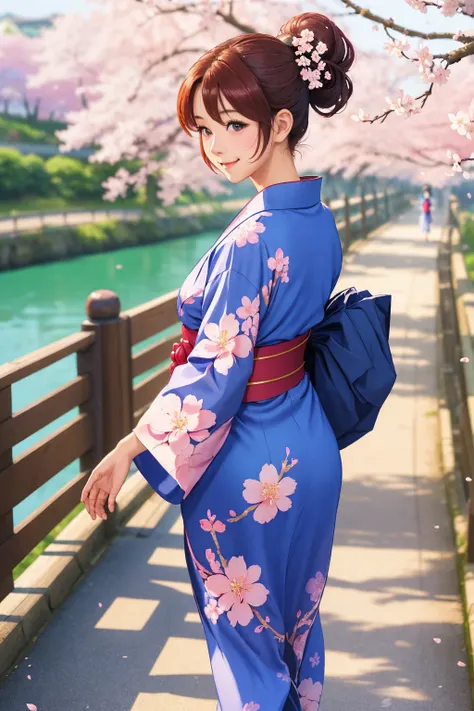 1girl, back view, look at viewers, smile, beautiful, walking along the bridge , blue Yukata, delicate pattern, beautiful neck , complex background, cherry blossom
bokeh, depth of field
best quality, masterpiece, realistic
90s anime