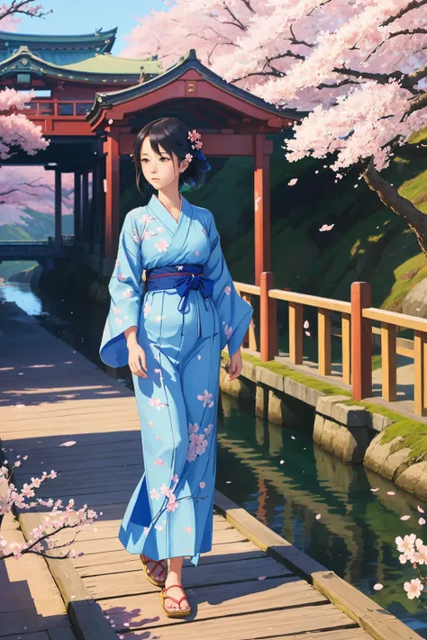 1girl, walking along the bridge , blue Yukata, delicate pattern, beautiful neck , complex background, cherry blossom
, (highly detailed:1.2), (photorealistic1.2),
(realistic, painting by Hasui Kawase:1)