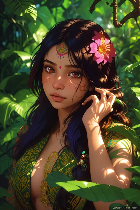 portrait of indian girl with multi color hair, in lush jungle with flowers, (intricate details:1.12), (intricate details, hyperdetailed:1.15), (natural skin texture, hyperrealism, soft light, sharp:1.2), detailed, sunlight passing through foliage
(sketch by Ilya Kuvshinov and Scott Naismith)