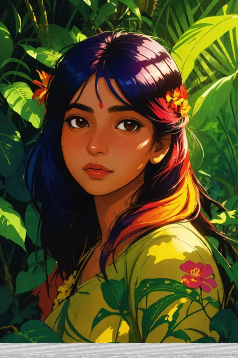 portrait of indian girl with multi color hair, in lush jungle with flowers, sunlight passing through foliage
(ink sketch by Franz Kline)