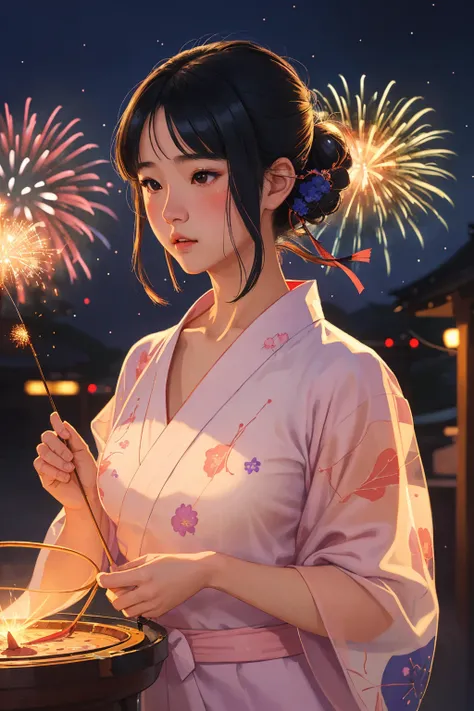 1 girl, solo, beautiful see-through Yukata, delicate pattern, beautiful neck , fireworks, complex background, night market, night
, (highly detailed:1.2), (photorealistic1.2),
(realistic, painting by Hasui Kawase:1)