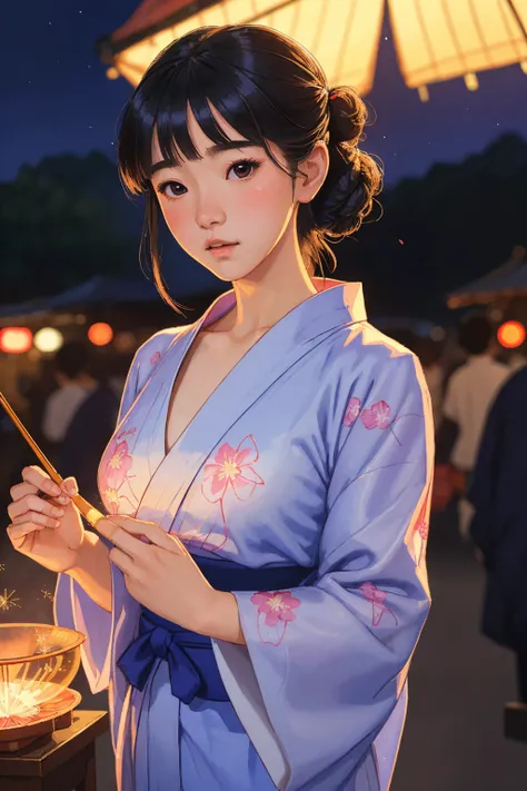 1 girl, solo, beautiful see-through Yukata, delicate pattern, beautiful neck , fireworks, complex background, night market, night
, (highly detailed:1.2), (photorealistic1.2),
(realistic, painting by Hasui Kawase:1)