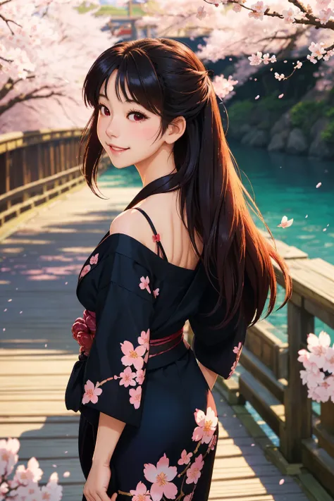 1girl, back view, look at viewers, smile, beautiful, long hair, walking along the bridge , black Yukata, delicate pattern, beautiful neck , complex background, cherry blossom
bokeh, depth of field, sunlight passing through foliage
best quality, masterpiece, realistic
90s anime <lora:epiNoiseoffset_v2:1>
