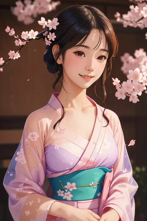 1girl, solo, smile, look away, beautiful see-through Yukata, delicate pattern, beautiful neck , complex background, cherry blossom
, (highly detailed:1.2), (photorealistic1.2),
(realistic, painting by Hasui Kawase:1)