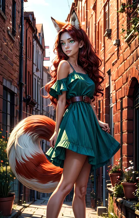 full shot, side shot, cute French [radiant angel:1.4|cute rabbit], boasting puffy fox tail , looking over her shoulder, long dark wavy hair, cute upturned nose:0.3, nice loose (red:1.5 green cotton dress) with belt, toonifox, narrow alley, brick walls:1.2, (sharp shadows):1.3 <lora:add_detail:0.8>   <lora:JW:0.7>  <lora:Foxie:0.6>