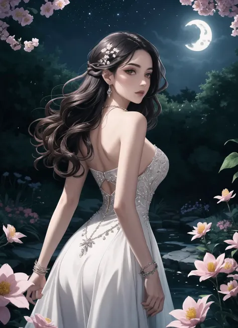 Character: In a lush garden under the moonlit sky, a ite woman stands amidst a sea of blooming flowers. Her presence is simply mesmerizing, captivating all who lay eyes upon her.
Attire: She's dressed in a flowing gown of midnight blue, the fabric shimmering like a starry night. The dress is adorned with intricate silver embroidery, creating a sense of elegance and allure.
Accessories: Her wrists are adorned with delicate silver bracelets that glint in the moonlight, and a silver pendant necklace graces her neck, enhancing her ethereal charm.
Hair and Makeup: Her long, dark hair is elegantly styled, flowing down her back with a touch of natural waves. Her makeup is subtle, highlighting her features and natural beauty.
Presence: The moonlight bathes the garden in a soft, silver glow, illuminating the blossoms around her. She exudes an aura of grace, confidence, and a unique allure that captures all attention. This image prompt creates an extreme, cinematic, and mesmerizing masterpiece in a serene garden setting, focusing on her captivating presence amidst nature's beauty.