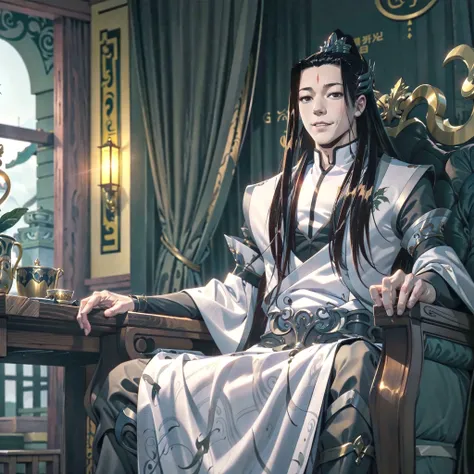 high quality, masterpiece,detailed, <lora:gu_changge2-10:1> ,gu changge, chinese clothes, black eyes, hanfu male, menacing smile, sitting on throne, dynamic lighting, dark lighting