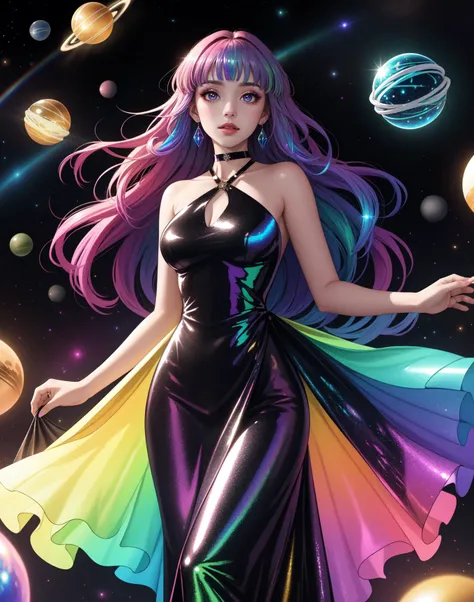 Character: Petite woman, her every feature bathed in the ethereal glow of a holo color scheme, captivating and mesmerizing, Attire: Figure-hugging dress adorned with shimmering, shifting, and iridescent hues, reflecting light in a dazzling display, Accessories: Holographic gems delicately reflecting a rainbow of colors, slender choker adding a touch of elegance, Hair and Makeup: Sleek waves of hair, shimmering with lustrous hues matching the holo color scheme, holographic makeup adorning her eyes and lips, Presence: Against a backdrop of holo-infused ambiance, floating orbs illuminating the space in iridescent glory, magnetic presence exuding grace, confidence, and a unique allure that captures all attention.