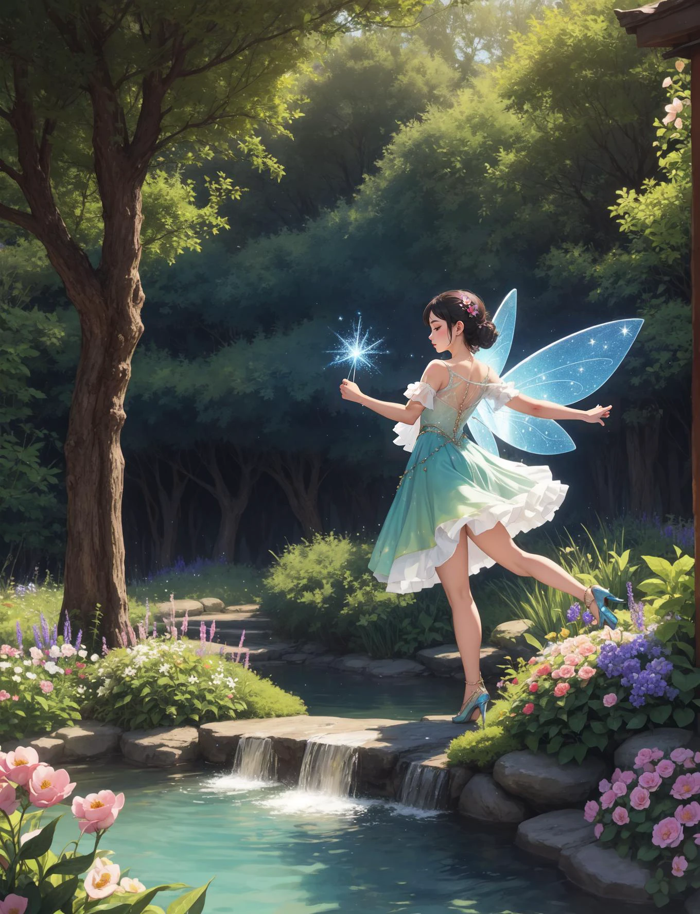 location: A magical garden hidden deep within an ancient forest, filled with vibrant flowers, sparkling streams, and towering trees, BREAK, character: A graceful fairy with delicate wings and an ethereal presence, radiating a soft glow, BREAK, objects: A shimmering wand adorned with crystals, and a tiny vial of pixie dust, BREAK, quality: A sense of enchantment, wonder, and the delicate harmony between the fairy and the natural world around them, BREAK, action: The fairy gracefully dances among the flowers, sprinkling pixie dust, which brings the garden to life with bursts of color and magical energy, as birds and butterflies flock around them, BREAK, atmosphere: Mystical, whimsical, and filled with a sense of awe and the beauty of nature.