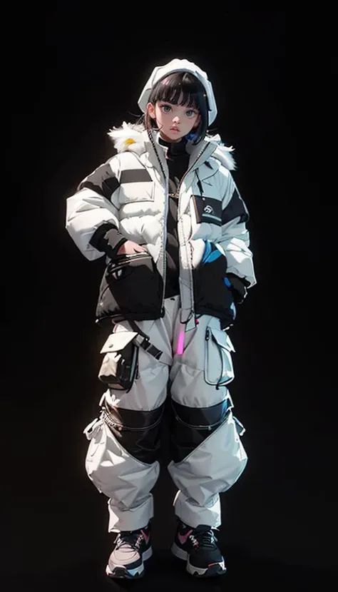 (beautiful face,  moody, gloss lips), (beautiful girl) (wearing a poncho multicolor oversized puffer jacket:1.3), lofi girl internet meme, catalog photo, bright pastel colors, (white cargo pants), (white baskets shoes), (black background:1.9)