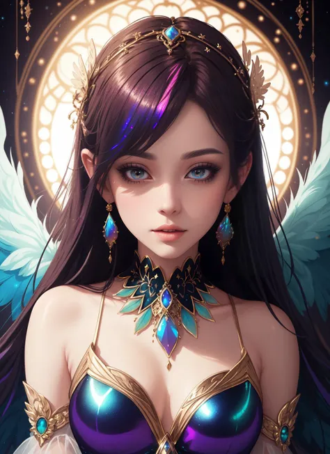 petite woman, majestic wings, holo colored dress, center focused, polychromatic, mesmerizing beauty, ethereal aura, iridescent feathers, vibrant hues, radiant glow, otherworldly elegance, captivating gaze, intricate details, surreal atmosphere, fantastical portrait, digital masterpiece, trending on art station, best quality