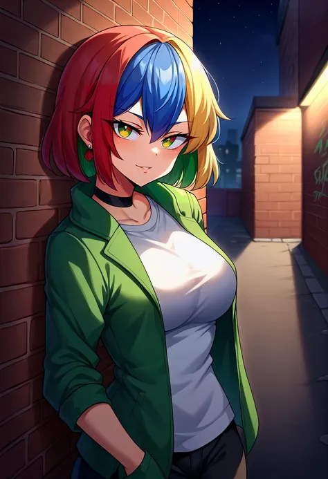 score_9, score_8_up, source_anime, googlechrome, multicolored hair, blue hair, red hair, blonde hair, green hair, multicolored eyes, earrings, sharp eyes, choker, neon shirt, open jacket, turtleneck sweater, night, against wall, brick wall, graffiti, dim lighting, alley, looking at viewer, <lora:gijinkaseries_googlechrome_ponyXL:1.0>