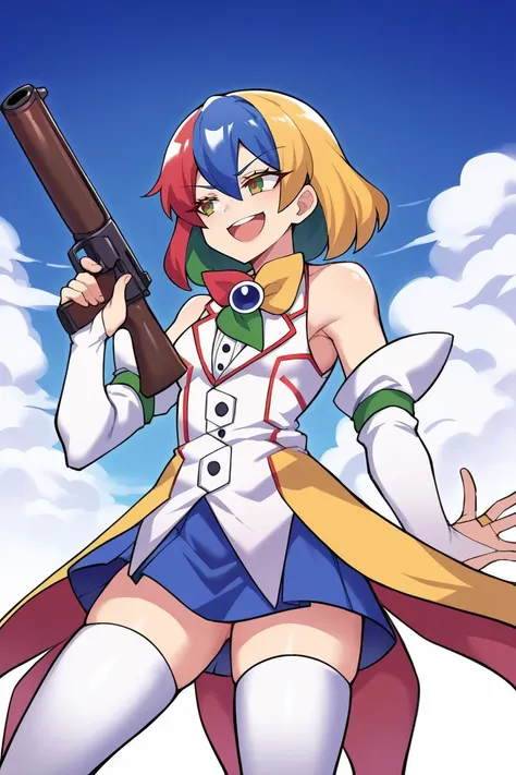 score_9, score_8_up, source_anime, 1girl, solo BREAK  <lora:gijinkaseries_googlechrome_ponyXL-000006:1> googlechrome, multicolored eyes, jacket, brooch, detached sleeves, bridal gauntlets, blue skirt, white thighhighs, holding shotgun, open mouth, smile