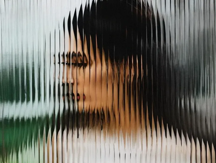 <lora:optical_yiu_v2:1>, ribbed glass, (reflection of the woman behind glass:1.4), fade, slate grey, deep depth
