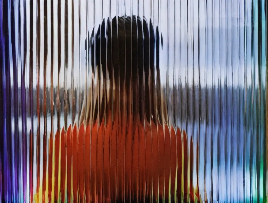 <lora:optical_yiu_v12:0.8>, ribbed glass, portrait of woman in (colorful dress:1.4) (behind the glass:1.3) in the center of photo, (fade:1.2), slate grey, (deep depth:1.4), (8k glass texture:1.2), (raw:1.2), blurry