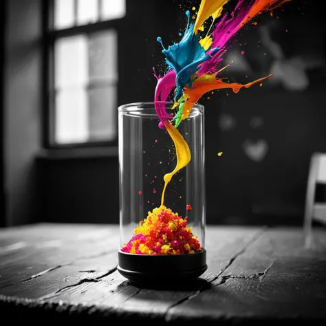it's a kind of magic, a color splash photography style image, (focal object in one vibrant color:1.7) in an otherwise black and white setting, highlighting the contrast and focus. Rule of thirds composition, style of Nico Goodden, style of Martin Grischke