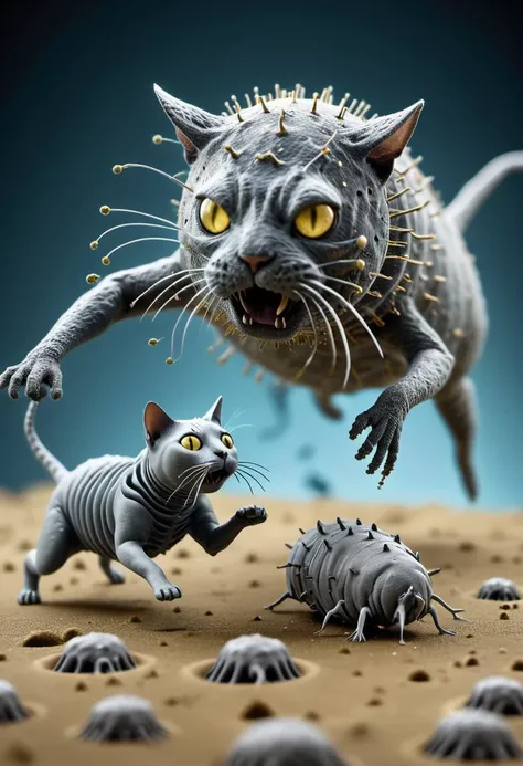 Electron-microscopy photo of metal cat chasing the tardigrades and bacteriophage, chaos, highly detailed.,<lora:EMS-47361-EMS:0.800000>