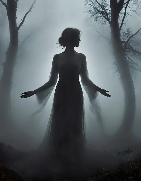 A hauntingly beautiful image of a woman's silhouette emerging from the dense fog and shadows. She stands tall, with her arms outstretched, creating an ethereal and mysterious aura. The fog swirls around her, blending with the darkness, as if trying to consume her. The background is a blend of eerie, silhouetted trees and an ominous, stormy sky.