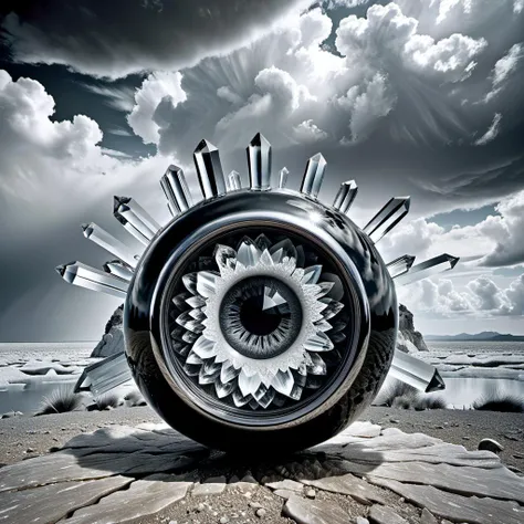 Breathtaking large format photograph evocative of made from crystal, <lora:crystalz-sdxl-v2:1>, eye-catching focal point in foreground, black and white, landscape, leading lines, evocative, breathtaking, detailed, dramatic skies, nature, detailed clouds, carefully composed, meticulous aesthetics, full grey spectrum, middle-tone contrast, rule of thirds composition, inspired by Ansel Adams, international award-winning quality