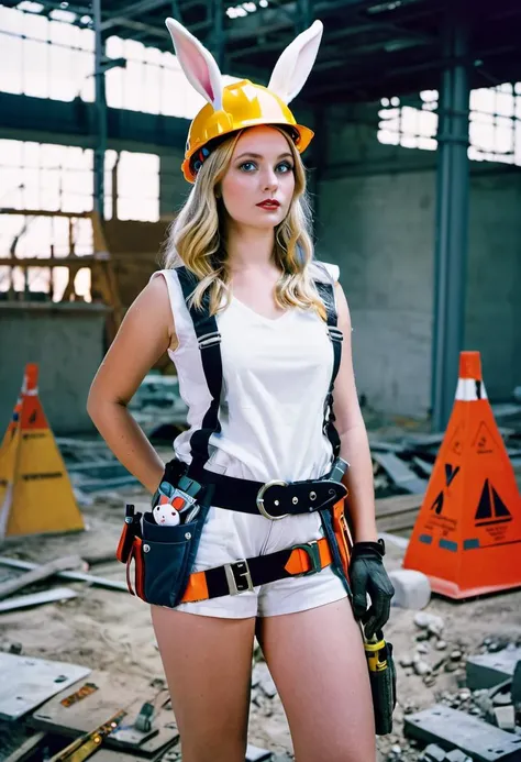 Photo. ((Alice in Wonderland)), wearing hardhat and utility toolbelt, standing in a construction site with the white rabbit, Canon 5d Mark 4, Kodak Ektar, neon light
