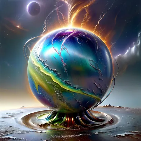 hyperrealistic concept art of a planet representing cs-m3tal-ok_v06-1000, born in a storm, , viewed from space, imaginative, intricate details that bring a sense of realism, scale and wonder, well-balanced composition, interplay of light and shadow to give depth and realism to the celestial scene