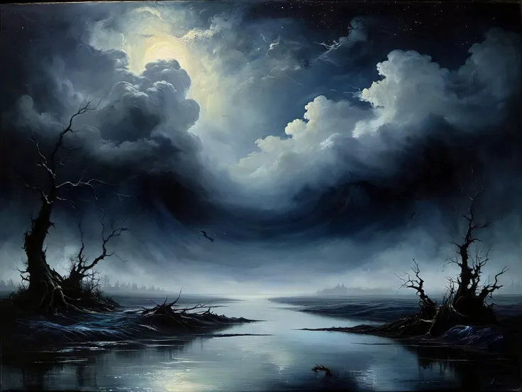 There was no gleam, no shadow, for the heavens, too, were one still, pale cloud; no sound or motion in anything but the dark river that flowed and moaned like an unresting sorrow. 

fantasy style, dreamlike art, gothic horror, artistic and abstract, whimsical, oil painting,

navy,