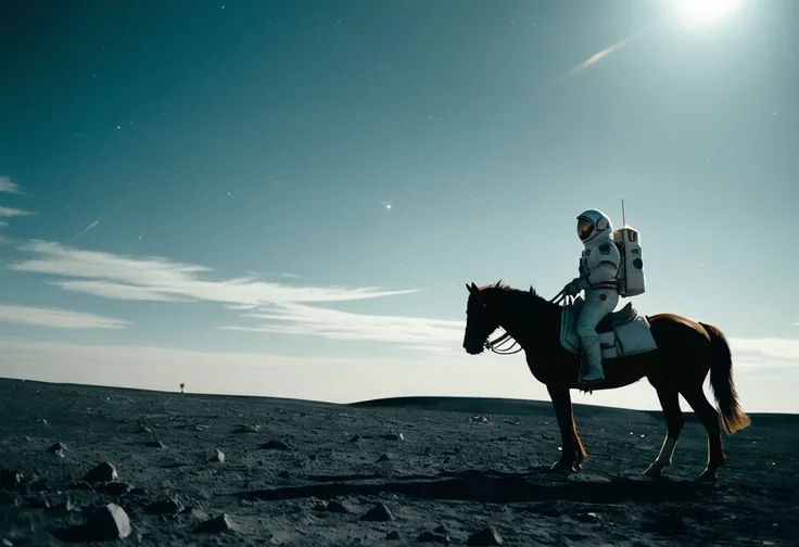 an astronaut riding a horse on the moon, cinematic still, analog style, Fujifilm XT3