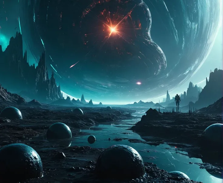 ultra-realistic 3D game concept of xenomorph strained tightly by invisible forces at event horizon edge, massive black hole ergosphere background, Strange glyphs, alien symbols, etched twisting spring form, realistic reflective wet surfaces, plunge singularity, all-consuming vortex center, escapist scenery with infinite power particle, Sweeping cinematic lens flares, extremely shallow depth of field, spherical artistic bokeh, blurring alien planet surface in background, Vivid cyberpunk color palette, deep soft shadows and gloom, bright neon spring glow highlights, Asteroids, spatial anomalies, alien constructs, holographic projections, physics simulation, Photorealistic scene, sharp focus, minute detail, flawlessly photographed. Ideal lighting conditions, cinematic color grading postprocessing, intense light rays, atmospheric lighting. Mix realism, surreal abstraction, digital matte painting.