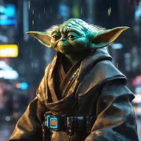 Hyperrealistic art cybernetic robot, (cyberpunk cityscape, ((cyberpunk style:1.125) scenery of (playful [master yoda:Sigourney Alexandra Weaver:0.53]:1.23) wearing cybernetic clothes interacts with (shiny black slime:1.1), (realistic turtle skin texture, hard surface shader metalness, PBR:1.125), (cyberpunk yoda with cybernetic ears, (cybernetic tattoo, curved cyberpunk light saber:1.225), cybernetic stuff:1.175), body modification, Futuristic, cyberpunk, intense iso noise, depth of field, smooth bokeh, Kodak portra 400, urban, tactical, sleek, dark, highly detailed, (blue-yellow:1.075)  <lora:cinero-loha-xl.safetensors-000010:0.21>:1.1), neon lights, dark alleys, skyscrapers, futuristic, vibrant colors, high contrast, highly detailed:1.1), android, AI, machine, metal, wires, tech, futuristic, highly detailed . Extremely high-resolution details, photographic, realism pushed to extreme, fine texture, incredibly lifelike
