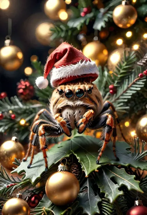 A friendly spider wearing christmas hat, highly realistic, highly detailed, 8k
