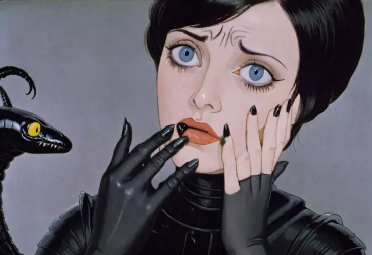 soviet cartoon, moody cinematic realistic natural skin texture, realistic photo of (elegant victorian era woman:1.2) interacting with (eerie:1.3) (black slug xenomorph:1.125), (hands in frame, touching face, strong face expression:1.05), (perfect feminine hands, anatomically correct fingers, perfect feminine anatomy, perfect feet:1.15), (perfect eyes, ideal round cornea:1.1), (sharp focus on eyes, perfect natural skin texture with blemishes, realistic skin, skin covered with moisture slime:1.15)