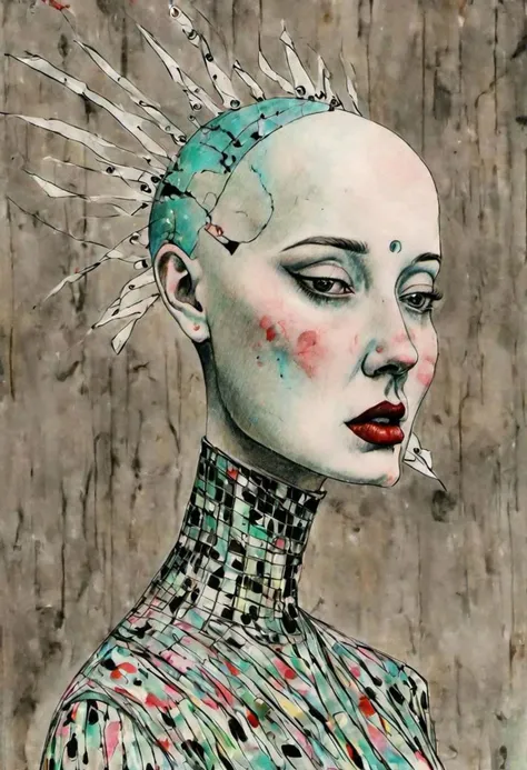 ling1, watercolor, drawing, pop surrealism, pop art painting by David Lynch and Luis Bunuel, (full body shot:1.2) profile of a shaved bald girl, slightly parted lips, serious expression, smug, wrapped in plastic, (scifi futurist avant-garde cyber headdress:1.5), in a (dark ancient room:1.2), skin bump, skin pores, skin fuzz, vellus facial hairs, subsurface scattering, transluscency, goose bump, micro details, (natural backlighting:1.3), rim light, (dim light:1.2), soft shadows, depth of field