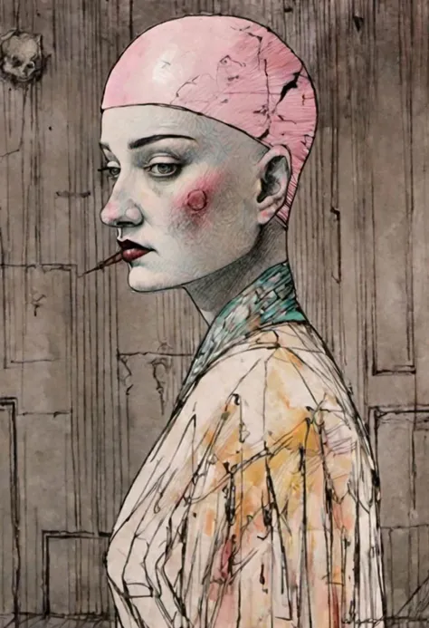 ling1, watercolor, drawing, pop surrealism, pop art painting by David Lynch and Luis Bunuel, (full body shot:1.8) profile of a shaved bald girl, slightly parted lips, serious expression, smug, wrapped in plastic, (avant-garde cybern headwear:1.8), in a (dark ancient room:1.4), skin bump, skin pores, skin fuzz, vellus facial hairs, subsurface scattering, transluscency, goose bump, micro details, (natural backlighting:1.5), rim light, (dim light:1.5), soft shadows, depth of field