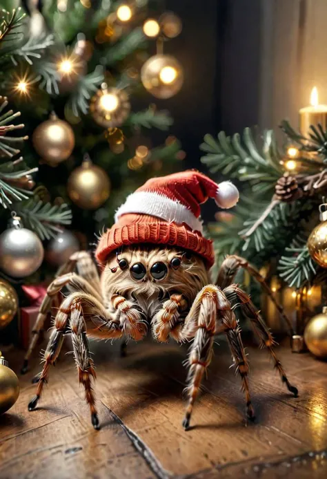 A friendly spider wearing christmas hat, highly realistic, highly detailed, 8k
