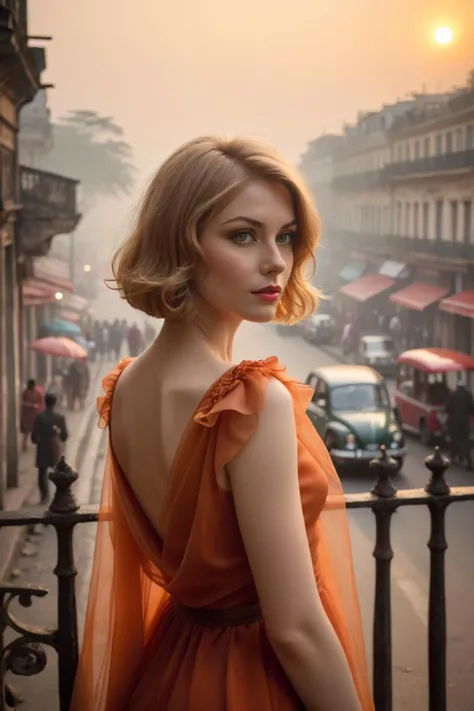 Neo-Rococo, (solo, full body photo:1.3), (looking over her shoulder:1.3), (haze, fog, mist:1.3), chiaroscuro, <lora:DDR_Fashion:0.3>, AnalogRedmAF <lora:AnalogRedmondV2-Analog-AnalogRedmAF:0.1> side photo photograph closeup close up body portrait of a Ukranian pale woman (Strawberry Blonde long Textured Bob Haircut), (posing outside amidst an intricate Borneo Rainforest shore outside Kolkata:1.1), crowded street with cafes in the distance, cold dark sunset at dusk, flare, orange red glow, (rim light:1.1), (wearing Organza (sunset:1.1), sharp focus, Capture a candid and heartwarming moment in a bustling urban setting. people going about their daily lives, and the setting should reflect the charm of everyday life in a city. (natural light:1.1), detailed composition, human element in the scene. Aim to evoke a sense of nostalgia, warmth, and the beauty found in the mundane, art by Robert Doisneau, Parisian photographs.<lora:deneuve-rv-1:0.2> <lora:grace:0.2> <lora:monica:0.2> <lora:add-detail-xl:1> <lora:DetailedEyes_V3:1>, perfect eyes <lora:perfect-eyes:0.3>, curved forms, naturalistic ornamentation, elaborate, decorative, gaudy, Neo-Rococo