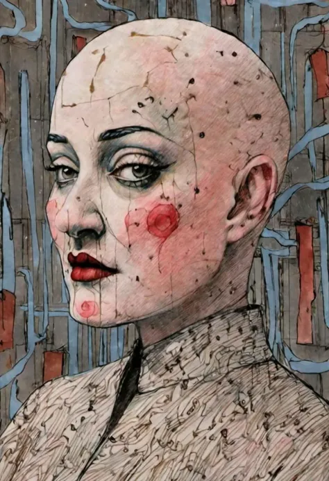 ling1, watercolor, drawing, pop surrealism, pop art painting by David Lynch and Luis Bunuel, (full body shot:1.8) profile of a shaved bald girl, slightly parted lips, serious expression, smug, wrapped in plastic, (avant-garde cybern headwear:1.8), in a (dark ancient room:1.4), skin bump, skin pores, skin fuzz, vellus facial hairs, subsurface scattering, transluscency, goose bump, micro details, (natural backlighting:1.5), rim light, (dim light:1.5), soft shadows, depth of field