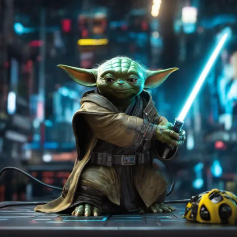 Hyperrealistic art (cyberpunk style:1.125) scenery of (playful [master yoda:teenage mutant ninja turtle rafael:0.65]:1.23) wearing cybernetic clothes interacts with (shiny black slime:1.1), realistic turtle skin texture with finest details, (cyberpunk yoda with cybernetic ears, (cybernetic tattoo, curved cyberpunk [light saber:unicorn horn:0.3]:1.2), cybernetic stuff:1.175), body modification, LED eyes Futuristic, cyberpunk, depth of field, smooth bokeh, Kodak portra 400, urban, tactical, sleek, dark, highly detailed, (blue-yellow:1.075)  <lora:cinero-loha-xl.safetensors-000010:0.22> . Extremely high-resolution details, photographic, realism pushed to extreme, fine texture, incredibly lifelike