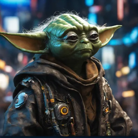 Hyperrealistic art cybernetic robot, (cyberpunk cityscape, ((cyberpunk style:1.125) scenery of (playful [master yoda:Sigourney Alexandra Weaver:0.53]:1.23) wearing cybernetic clothes interacts with (shiny black slime:1.1), (realistic turtle skin texture, hard surface shader metalness, PBR:1.125), (cyberpunk yoda with cybernetic ears, (cybernetic tattoo, curved cyberpunk light saber:1.225), cybernetic stuff:1.175), body modification, Futuristic, cyberpunk, intense iso noise, depth of field, smooth bokeh, Kodak portra 400, urban, tactical, sleek, dark, highly detailed, (blue-yellow:1.075)  <lora:cinero-loha-xl.safetensors-000010:0.21>:1.1), neon lights, dark alleys, skyscrapers, futuristic, vibrant colors, high contrast, highly detailed:1.1), android, AI, machine, metal, wires, tech, futuristic, highly detailed . Extremely high-resolution details, photographic, realism pushed to extreme, fine texture, incredibly lifelike