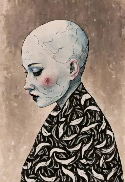 ling1, watercolor, drawing, pop surrealism, pop art painting by David Lynch and Luis Bunuel, (full body shot:1.8) profile of a shaved bald girl, slightly parted lips, serious expression, smug, wrapped in plastic, (avant-garde cybern headwear:1.8), in a (dark ancient room:1.4), skin bump, skin pores, skin fuzz, vellus facial hairs, subsurface scattering, transluscency, goose bump, micro details, (natural backlighting:1.5), rim light, (dim light:1.5), soft shadows, depth of field