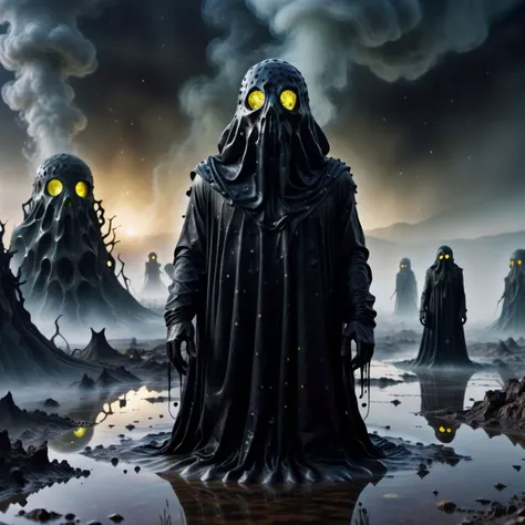 realistic photo of giant black ghost with voronoi pattern lurking nuclear wastelands filled with soldier bodies and toxic liquids, mirrored imagery, eerie dark creature with many eyes reflecting dimmed light, (reflection in eyes, refraction and reflecting surface, reflection in water:1.1), eerie atmosphere, surreal image, foggy, misty, depth of field, swirly bokeh, (extraterrestrial creature made of translucent black material:1.125), Kodak portra 400, highly detailed:1.1), bioluminescent creatures in background:1.1), fungus sprouts, fine texture, incredibly lifelike, soviet cartoon in style of kachanov, [lime-green:violet:0.5]