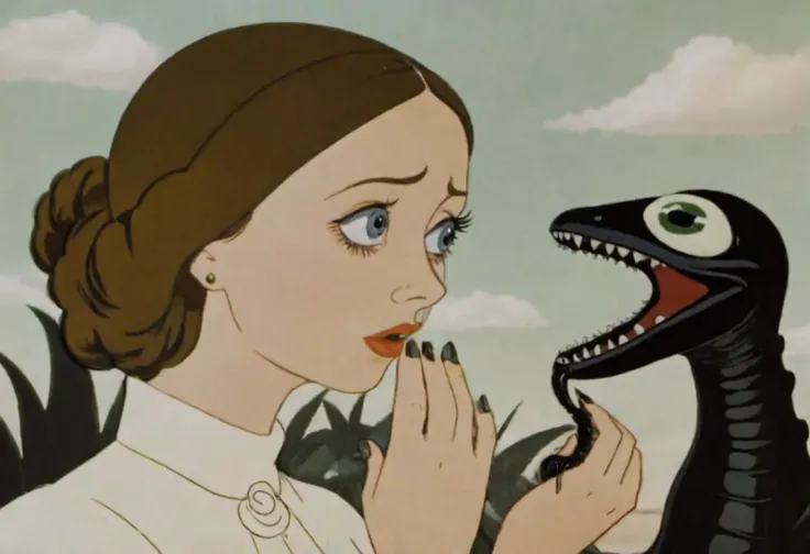 soviet cartoon, moody cinematic realistic natural skin texture, realistic photo of (elegant victorian era woman:1.2) interacting with (eerie:1.3) (black slug xenomorph:1.125), (hands in frame, touching face, strong face expression:1.05), (perfect feminine hands, anatomically correct fingers, perfect feminine anatomy, perfect feet:1.15), (perfect eyes, ideal round cornea:1.1), (sharp focus on eyes, perfect natural skin texture with blemishes, realistic skin, skin covered with moisture slime:1.15)