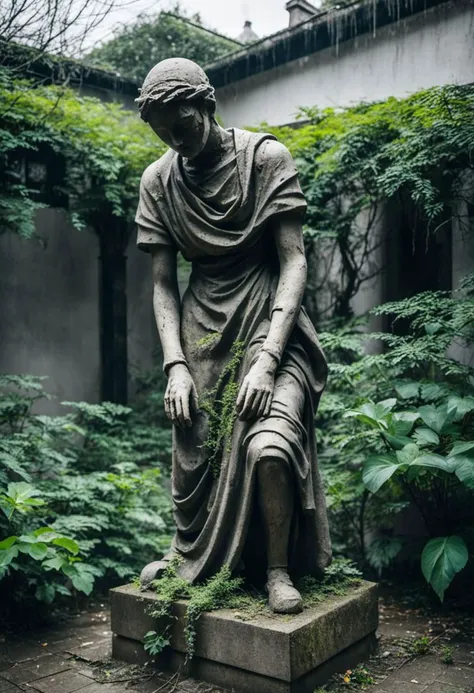 minimalist photography. sense of dread. abandoned broken statue in overgrown small courtyard. very grainy. bad weather. eerie