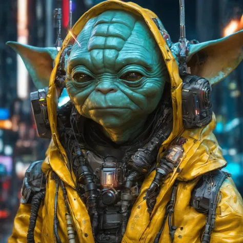 Hyperrealistic art cybernetic robot, (cyberpunk cityscape, ((cyberpunk style:1.125) scenery of (playful [master yoda:Sigourney Alexandra Weaver:0.53]:1.23) wearing cybernetic clothes interacts with (shiny black slime:1.1), (realistic turtle skin texture, hard surface shader metalness, PBR:1.125), (cyberpunk yoda with cybernetic ears, (cybernetic tattoo, curved cyberpunk light saber:1.225), cybernetic stuff:1.175), body modification, Futuristic, cyberpunk, intense iso noise, depth of field, smooth bokeh, Kodak portra 400, urban, tactical, sleek, dark, highly detailed, (blue-yellow:1.075)  <lora:cinero-loha-xl.safetensors-000010:0.21>:1.1), neon lights, dark alleys, skyscrapers, futuristic, vibrant colors, high contrast, highly detailed:1.1), android, AI, machine, metal, wires, tech, futuristic, highly detailed . Extremely high-resolution details, photographic, realism pushed to extreme, fine texture, incredibly lifelike