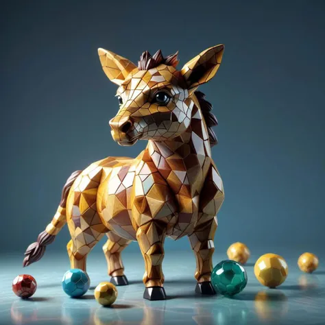 voronoi pattern, photorealistic picture of zhibi animal made of (miniature low-poly cubes and spheres:1.1), v-ray, volumetric light, physically based render, pbr, 8k, translucent material, low-poly 3d style, sphere surrounded with isometric cubes, cube cut with sphere, detailed, particles, water