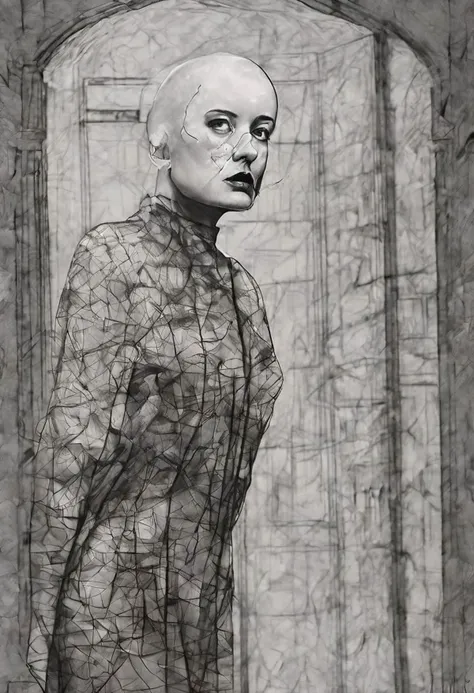 pop surrealism, pop art, drawing, painting by David Lynch and Luis Bunuel, (full body shot:1.8) profile of a shaved bald girl, slightly parted lips, serious expression, smug, wrapped in plastic, in a (dark ancient room:1.4), skin bump, skin pores, skin fuzz, vellus facial hairs, subsurface scattering, transluscency, goose bump, micro details, (natural backlighting:1.5), rim light, (dim light:1.5), soft shadows, depth of field